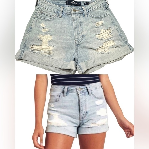 Hollister High Rise Boyfriend Distressed Denim Jean Shorts Women’s W 25 Size 1 - Picture 3 of 12